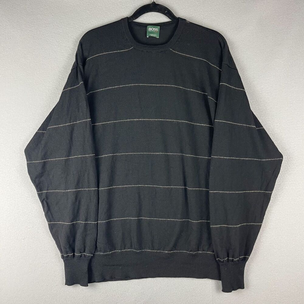 Hugo Boss Golf Sweater‎ Mens XL Black Striped Virgin Wool Crew Neck Knit Italy